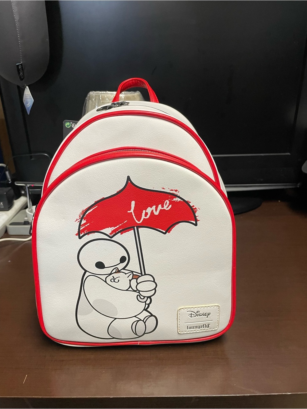 Disney White and Red Baymax Backpack with Umbrella "Love" Graphic